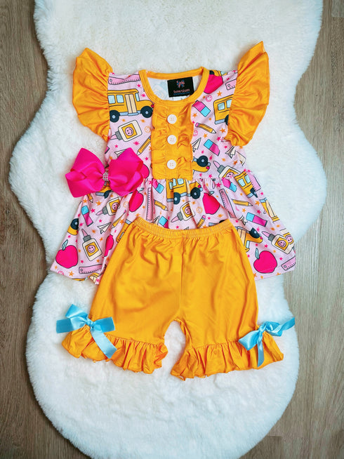 Bowtism Girls School Bus Study Time Shorts Set with Matching Bow - Bowtism